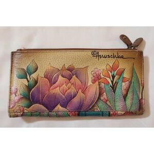 Anuschka Leather Wallet Hand-Painted Flowers Plant Bifold 4x7.5 Signed Organizer